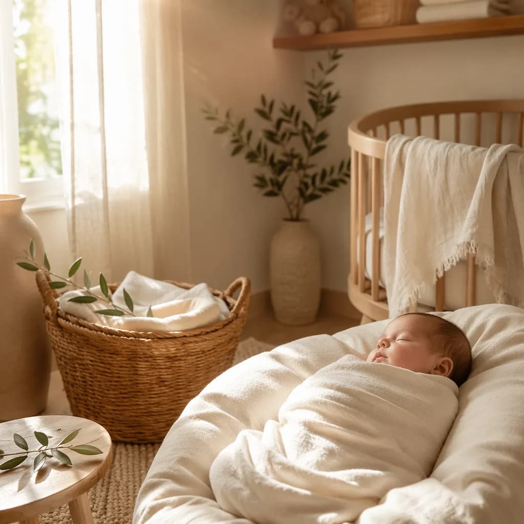 A softly lit cozy nursery with a swaddled baby, olive branch, and warm sunlight.