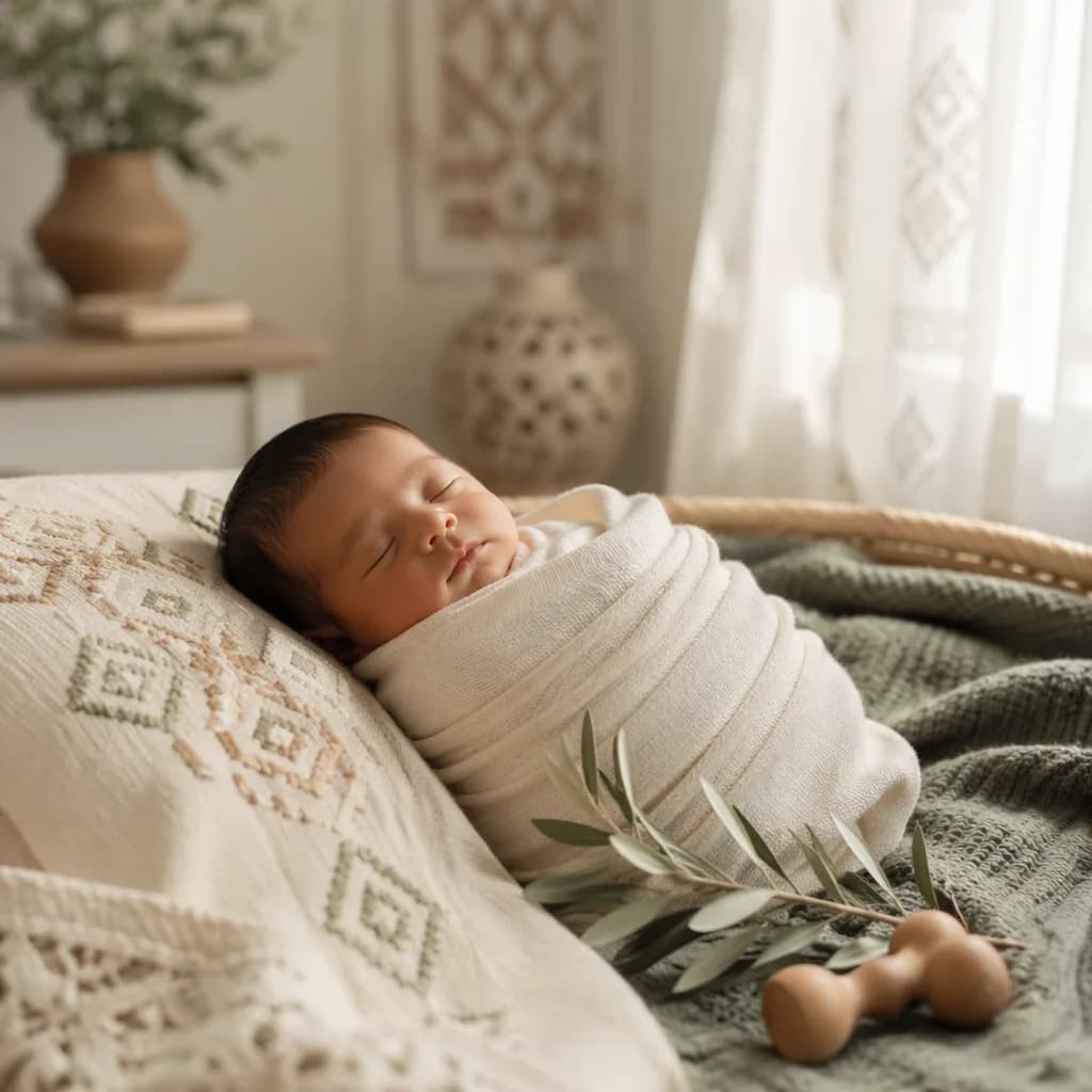 Sleeping newborn in a soft pastel Arabic-inspired nursery with warm natural light.