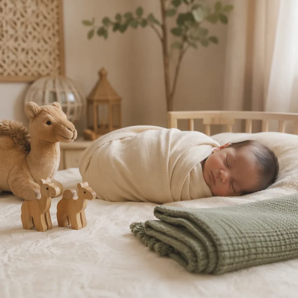 Sleeping swaddled baby in a warm pastel nursery with Arabic-inspired decor and soft toys.