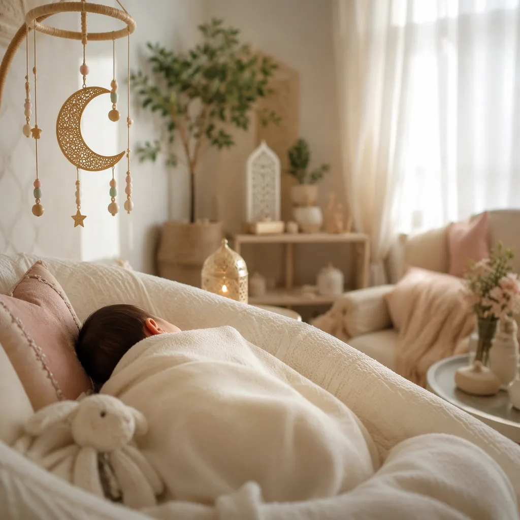 A peaceful Arabic-inspired nursery with a swaddled sleeping baby, crescent moon mobile, and warm soft light.