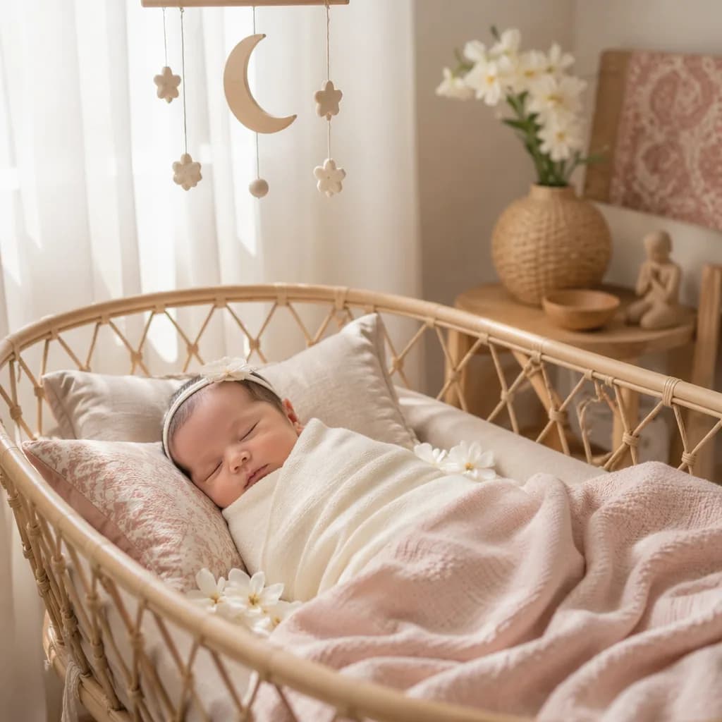 Sleeping baby in a soft pastel Indonesian-inspired nursery with jasmine flowers and gentle morning light.