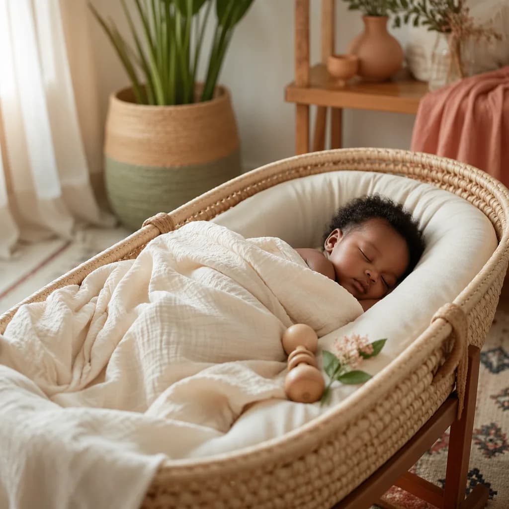 A peaceful pastel nursery with a swaddled baby in warm natural light, evoking precious delicacy.