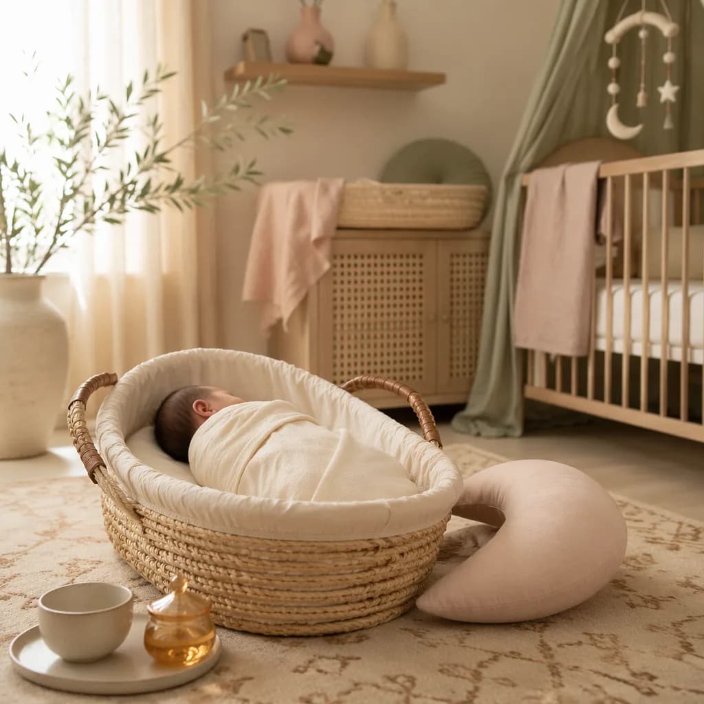 A softly lit pastel nursery with a swaddled sleeping baby and gentle Arabic-inspired decor.