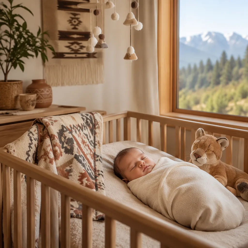 Sleeping baby in a warm pastel nursery with a soft puma plush and natural light.
