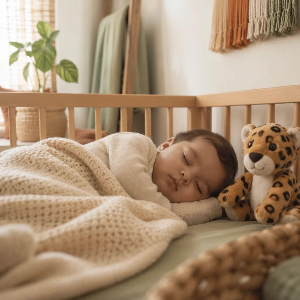A peaceful nursery with a sleeping baby and a plush jaguar toy in soft natural light.