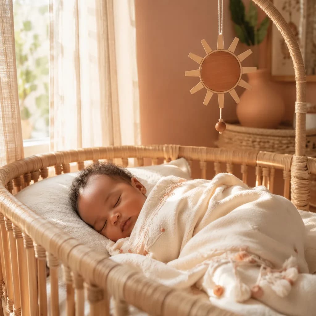Sleeping baby in a warm pastel nursery with a sun-shaped mobile.