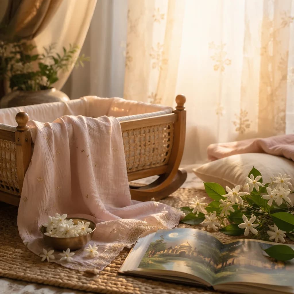 Soft Bengali-inspired nursery still-life with pastel blanket, flowers, and warm natural light.