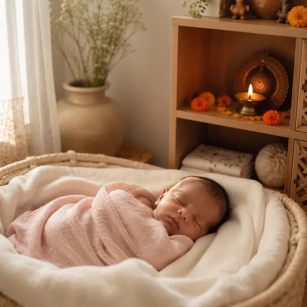 Soft Indian-inspired nursery with a sleeping newborn and glowing diya lamp.
