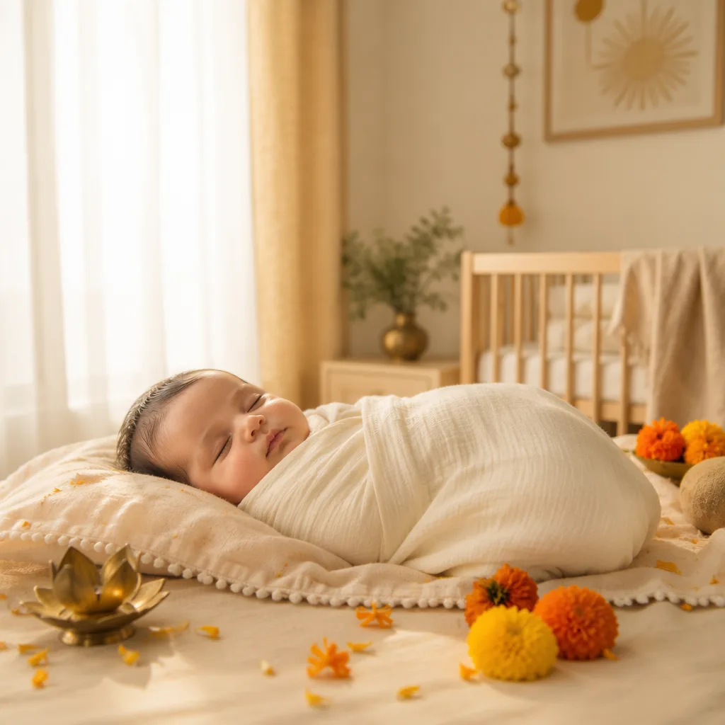 Sleeping baby in a soft pastel nursery with gentle Indian-inspired gold accents.