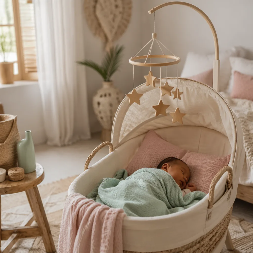 Sleeping baby in a cozy pastel nursery with a star mobile and soft natural light.