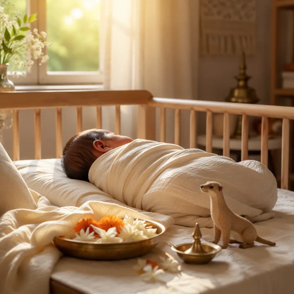 A softly lit cozy nursery with a swaddled baby and gentle Indian-inspired symbolic details.
