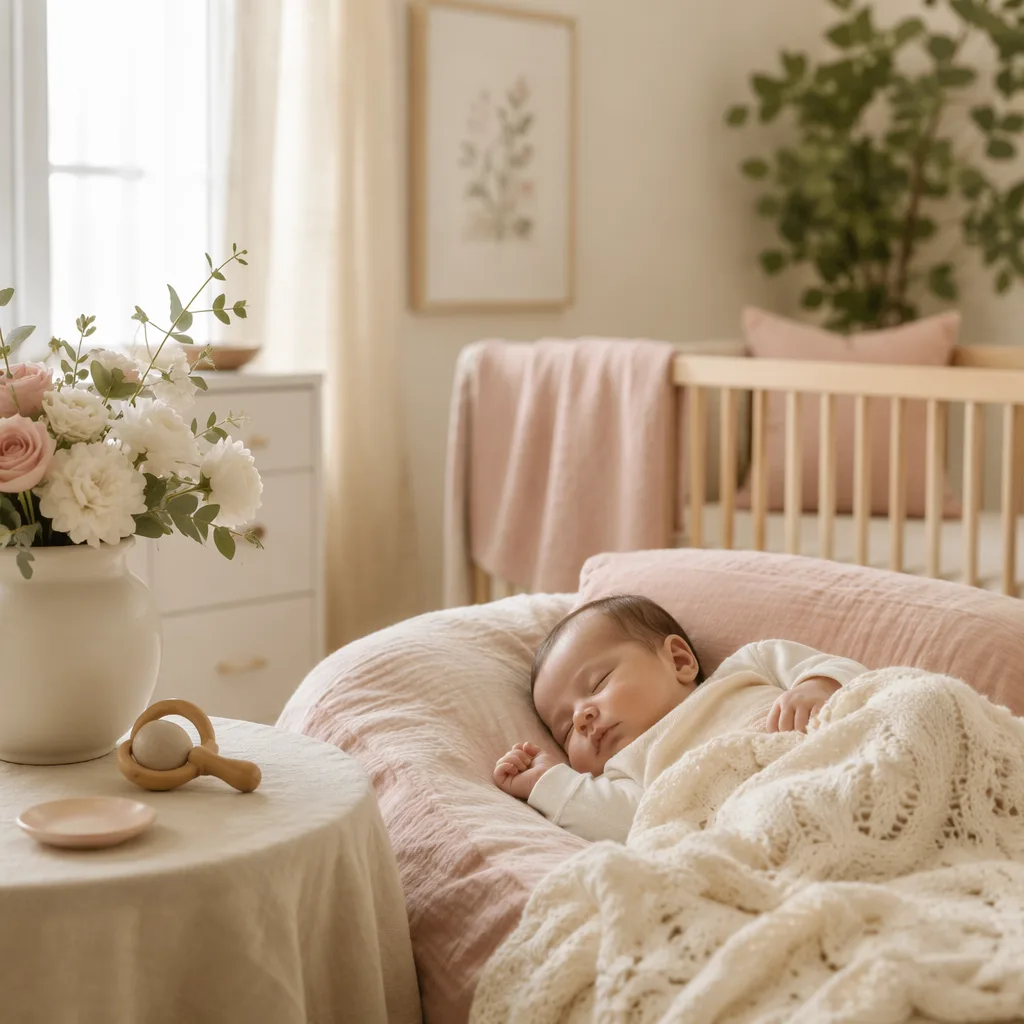 A peaceful pastel nursery with a sleeping baby wrapped in a cream blanket.