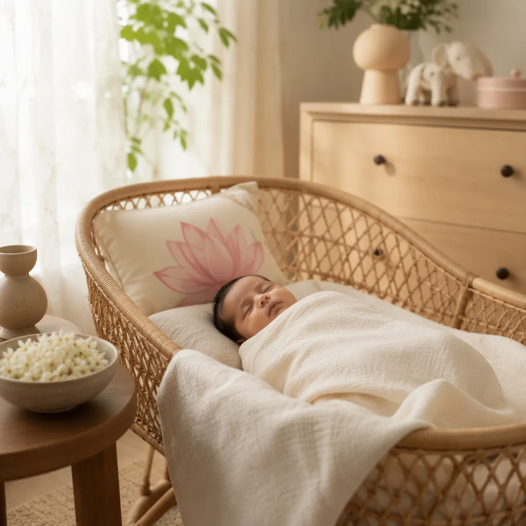 A peaceful pastel nursery with a sleeping baby, jasmine flowers, and soft Indian-inspired accents.