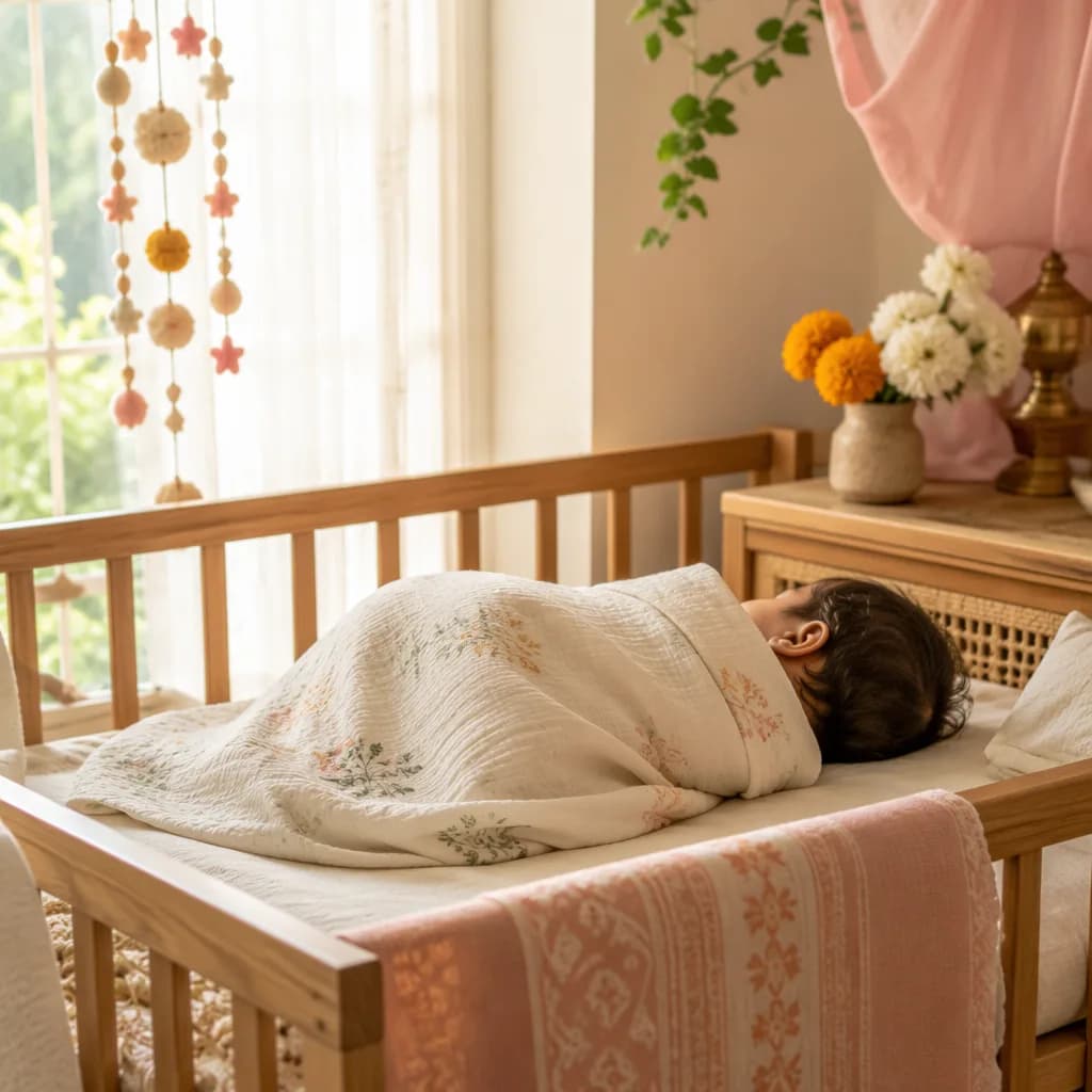 A peaceful Bengali-inspired nursery with a swaddled sleeping baby, soft flowers, and warm pastel light.