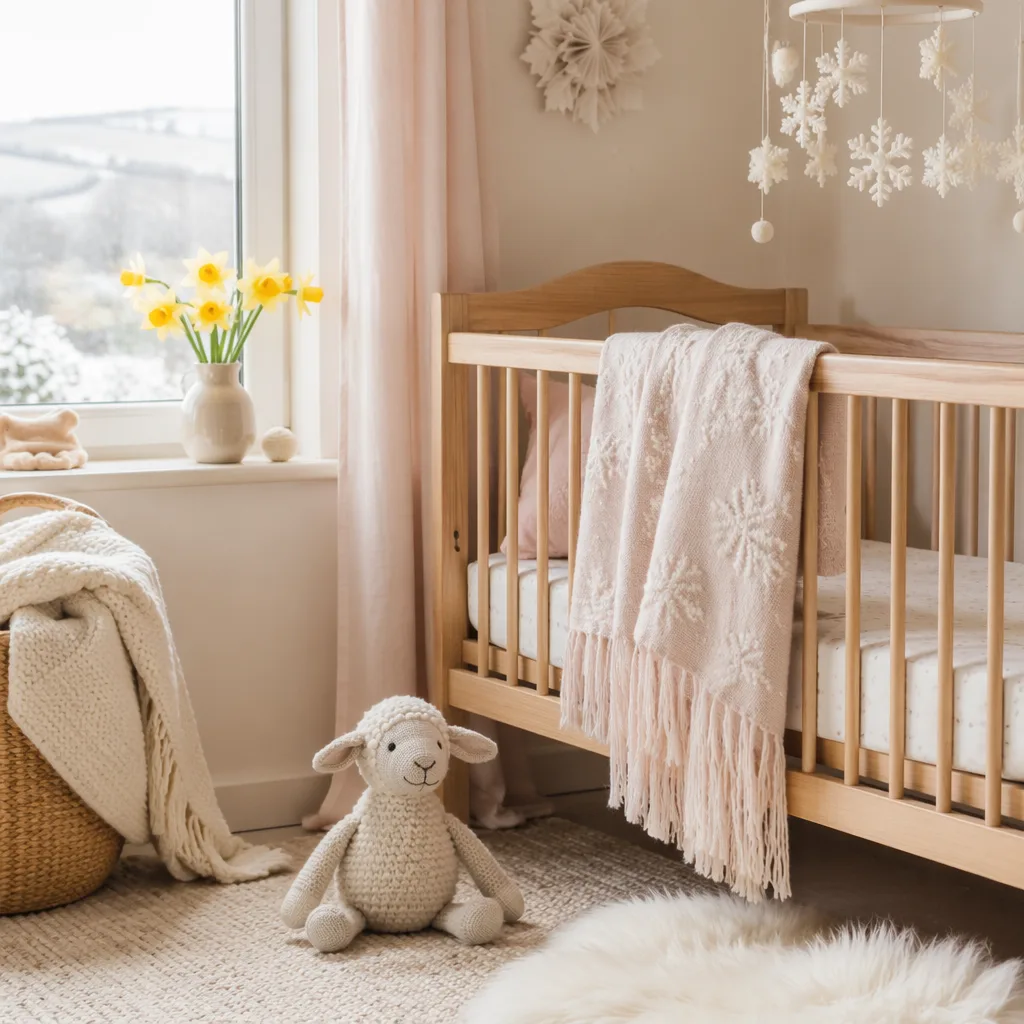 Cozy Welsh-inspired nursery with soft pastel decor, a crib, knitted lamb, daffodils, and gentle snowy details.