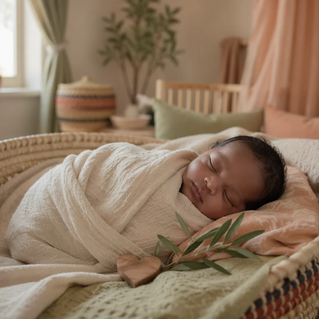A serene pastel nursery scene with a swaddled sleeping baby and gentle East African-inspired decor.