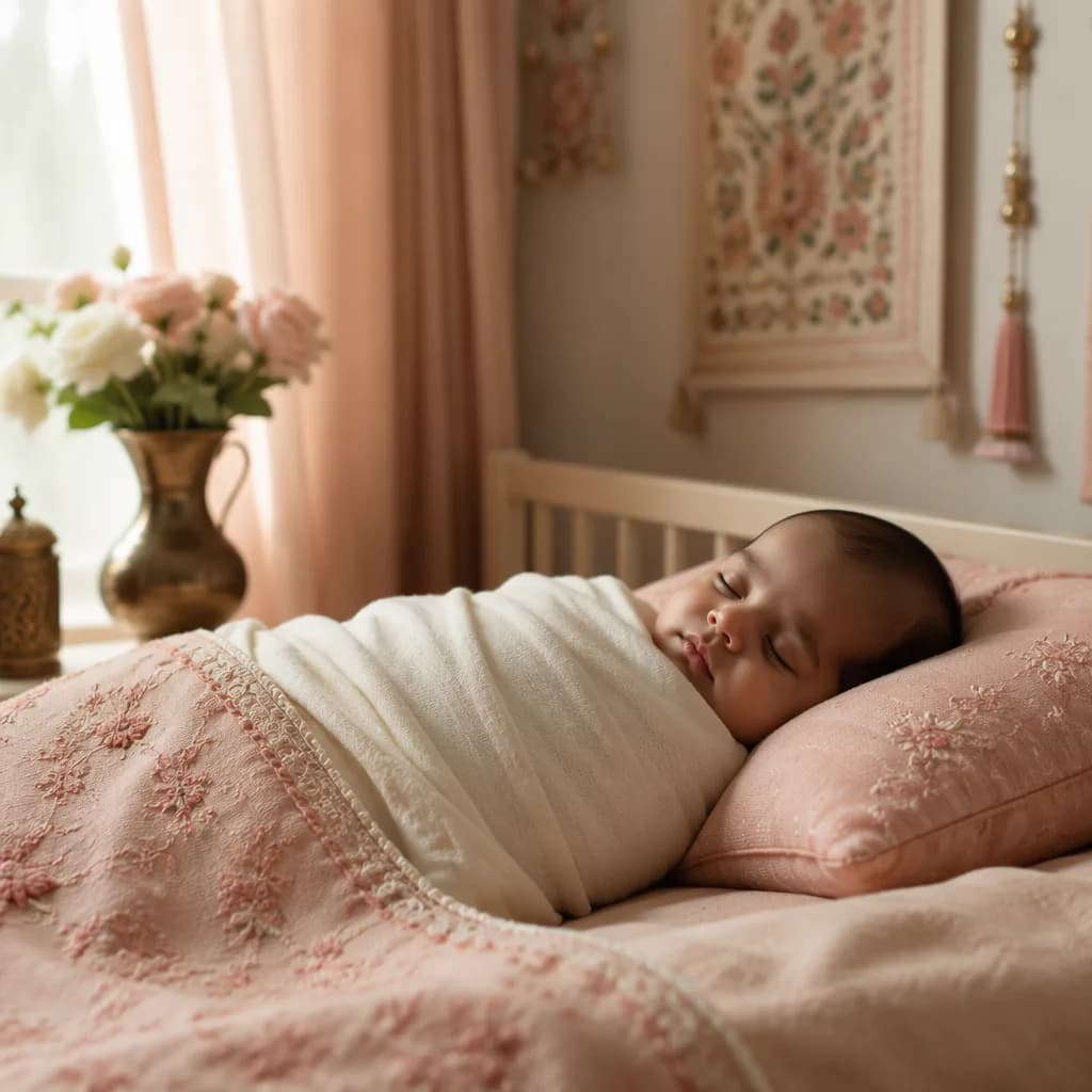 A peacefully sleeping swaddled baby in a warm pastel nursery with subtle South Asian-inspired decor.