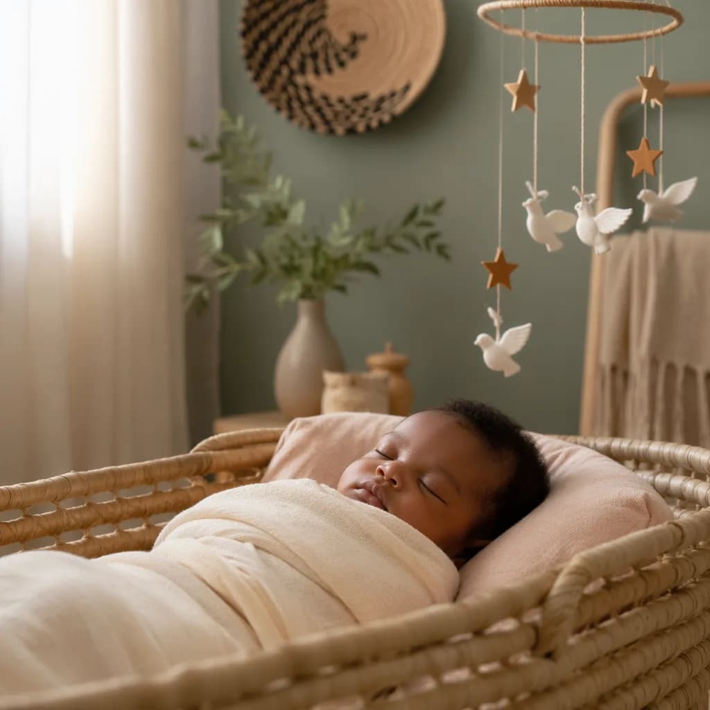 A serene pastel nursery with a swaddled baby and soft symbolic decor evoking destiny and faith.