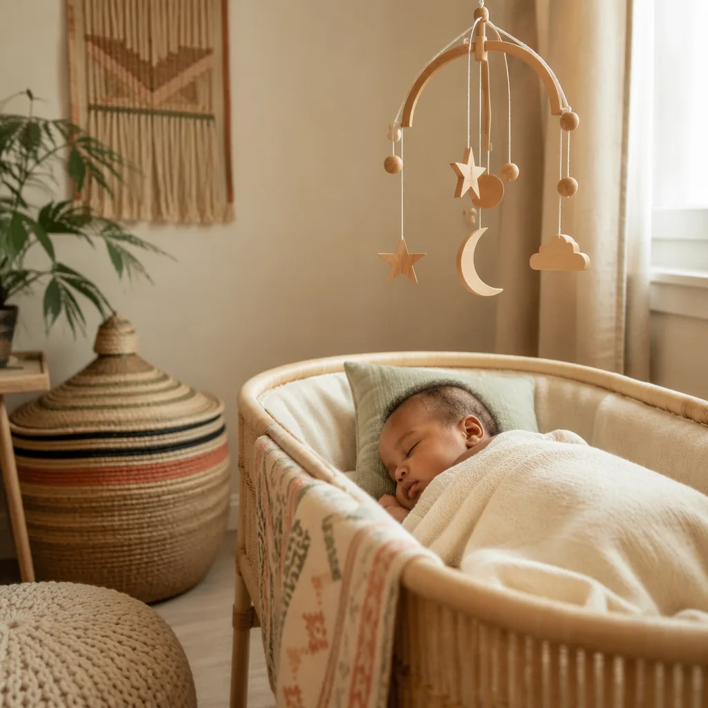 A peaceful baby nursery with soft blankets, woven accents, and a sleeping baby in gentle morning light.
