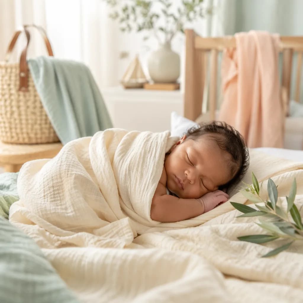 Sleeping baby in a soft pastel nursery with woven basket and gentle coastal-inspired decor.