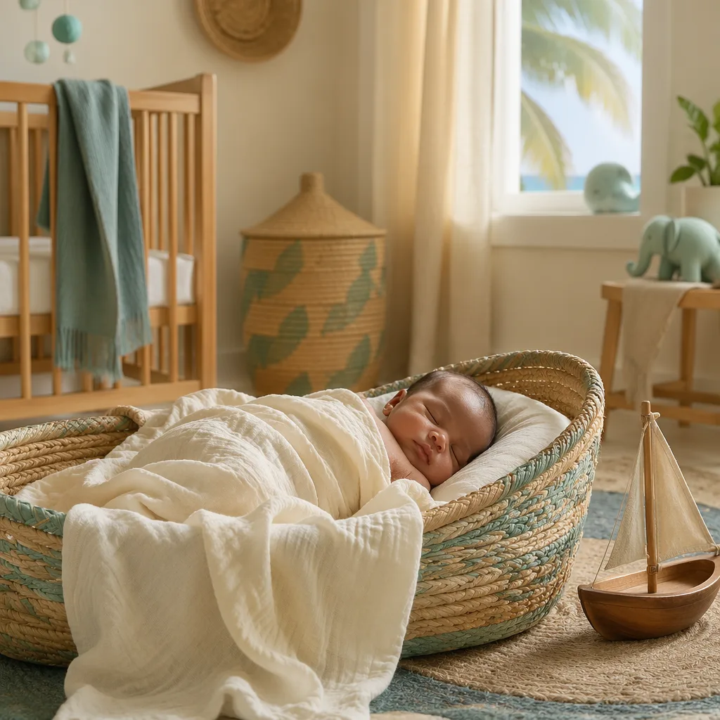 Sleeping baby in a soft Swahili-inspired nursery with woven basket and toy dhow.
