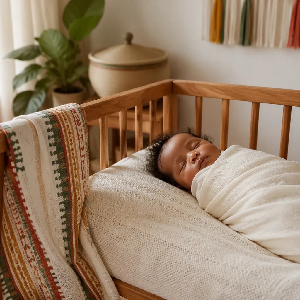 Sleeping Ethiopian baby in a warm, softly lit nursery with cozy pastel details.