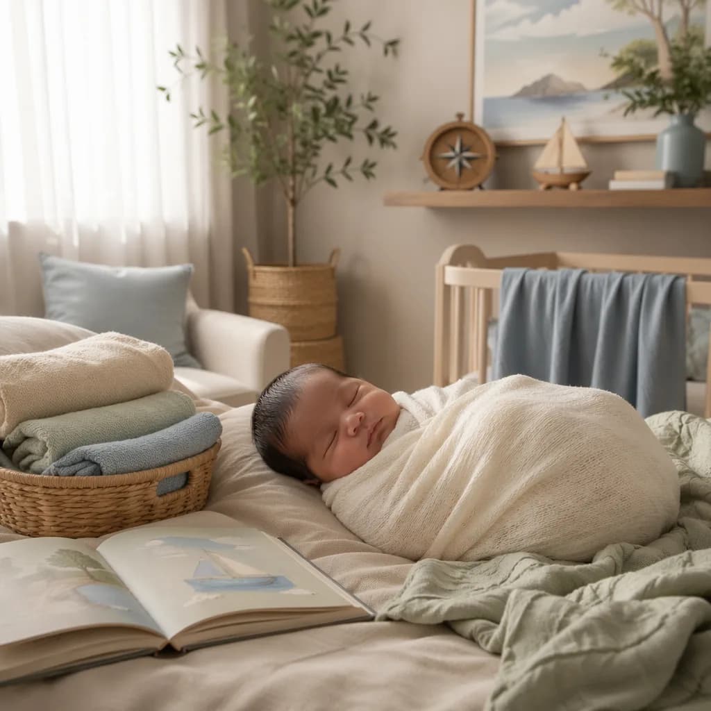 Sleeping baby in a warm pastel nursery with symbolic storybook and compass accents.