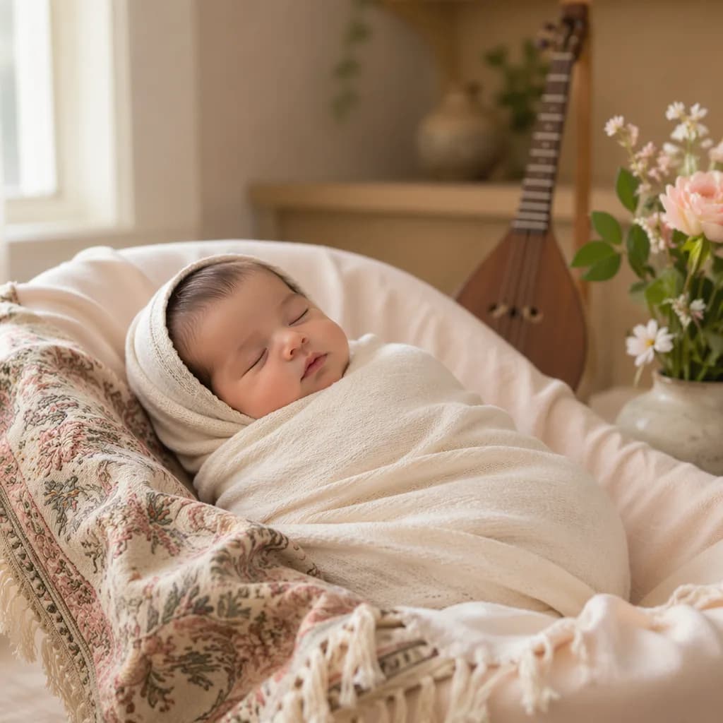Sleeping newborn in a soft Persian-inspired nursery with gentle musical and floral accents.