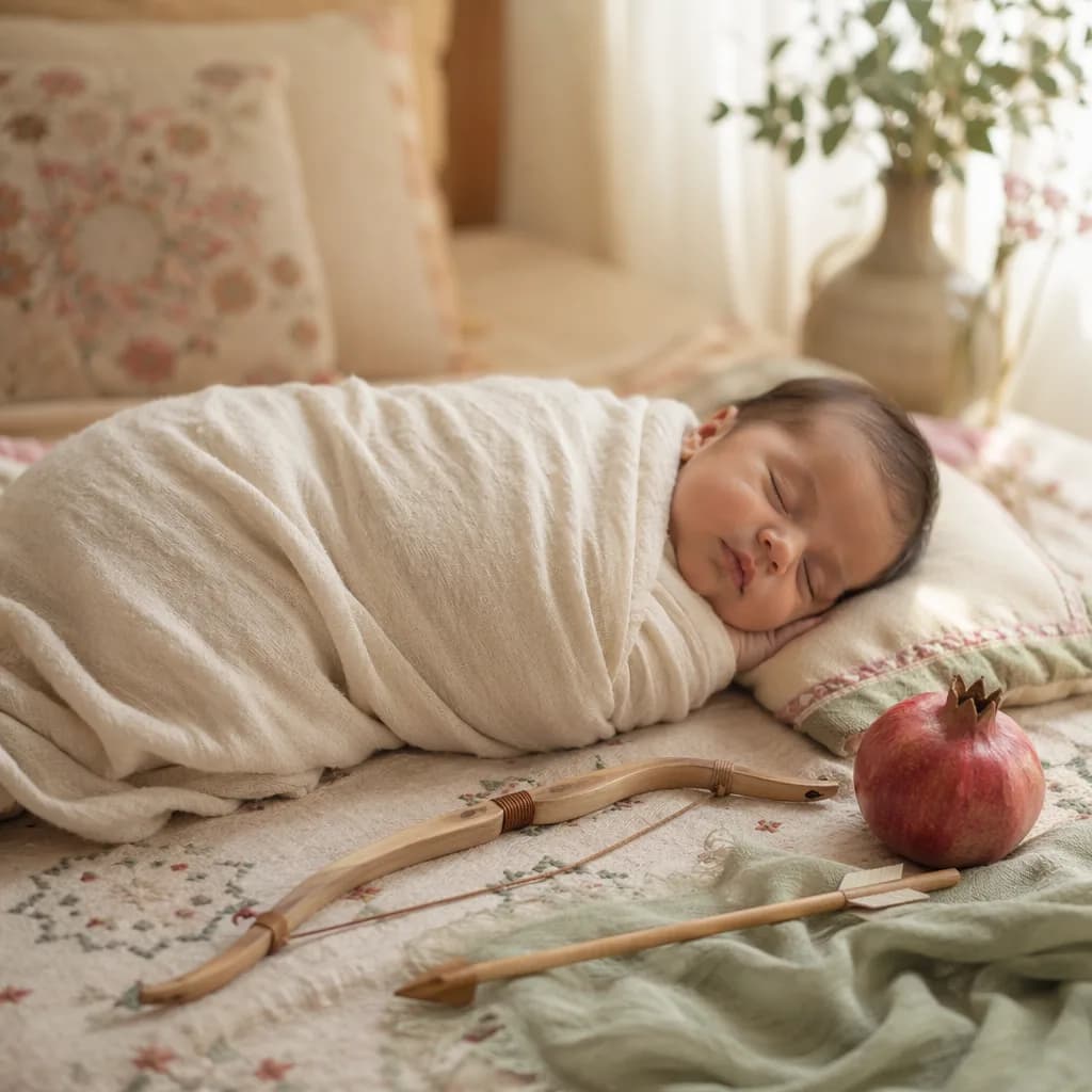 Soft Persian-inspired nursery scene with a swaddled baby, pomegranate, and toy bow in gentle natural light.