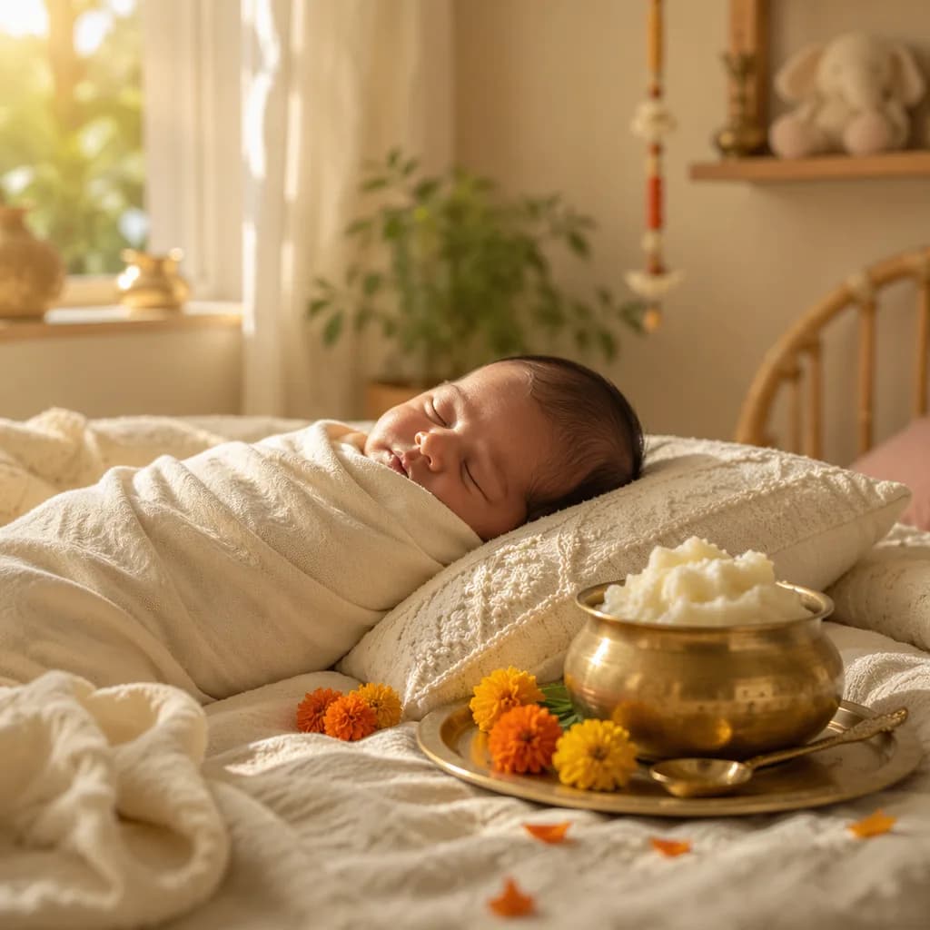 Sleeping swaddled newborn in a soft pastel nursery with butter-yellow accents and warm sunrise light.