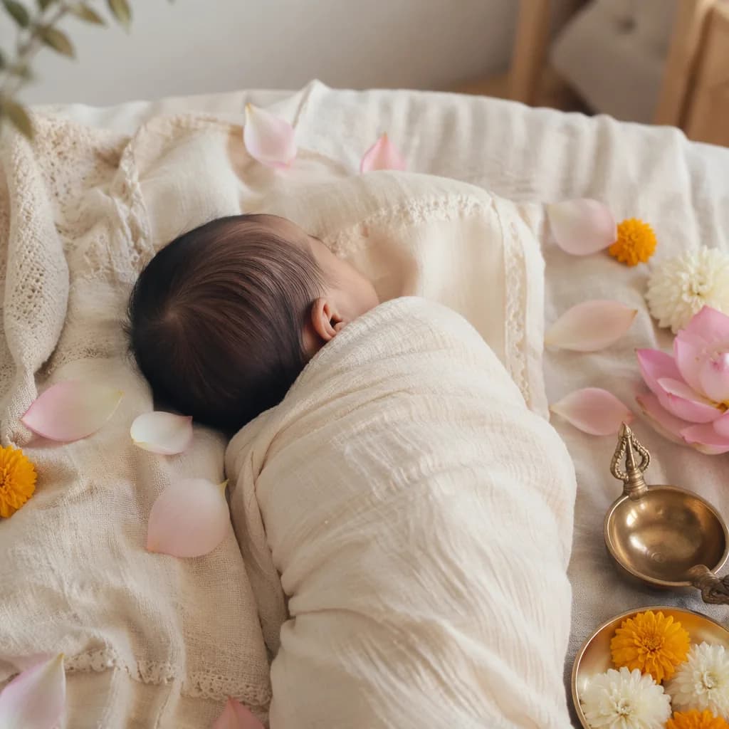 A serene swaddled baby in a soft pastel nursery with lotus petals and warm natural light.