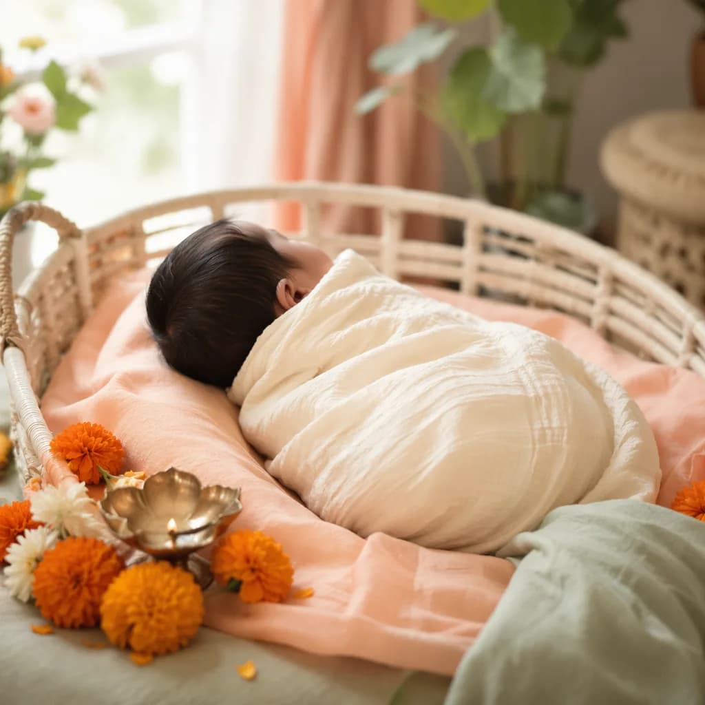Peaceful newborn in a soft pastel nursery with subtle Indian-inspired decor.