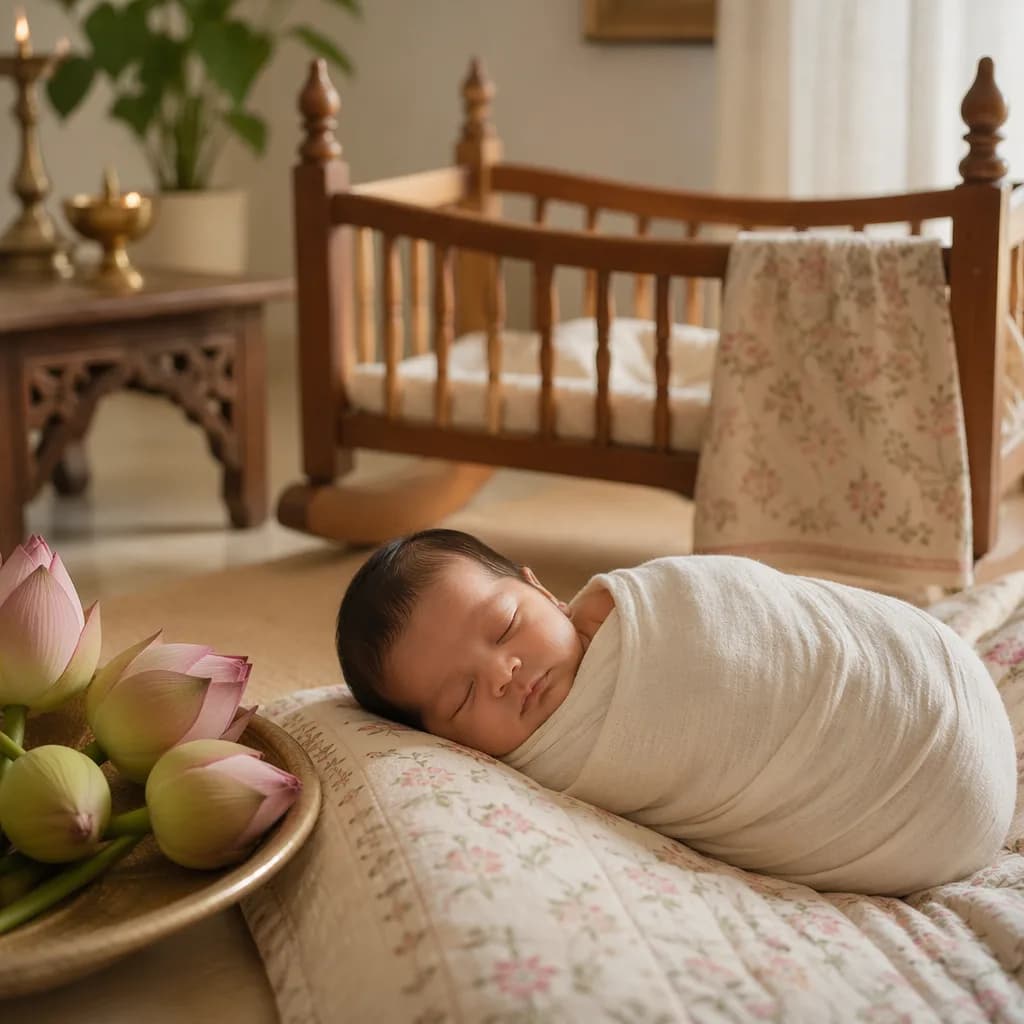 A peaceful swaddled newborn in a soft pastel nursery with lotus accents and warm natural light.