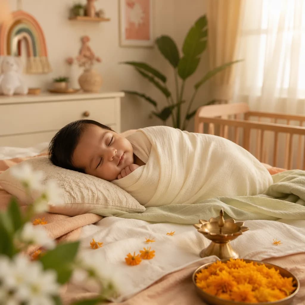 Peaceful Indian baby sleeping in a soft pastel nursery with auspicious decor.