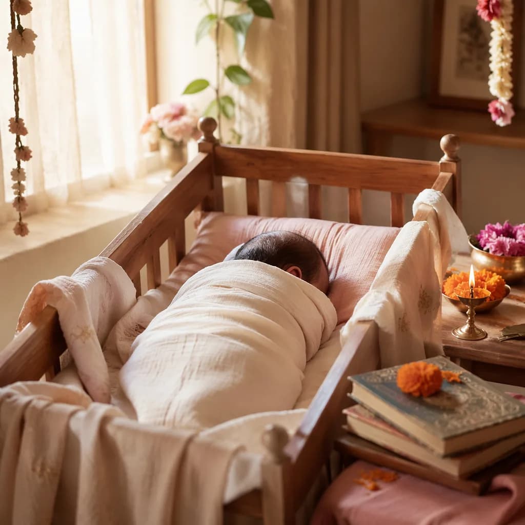 Peaceful swaddled newborn in a softly lit Indian-inspired nursery.