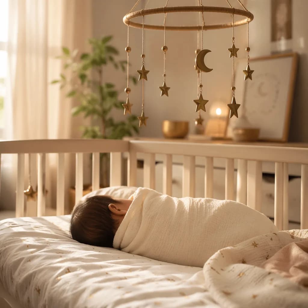 Sleeping baby in a soft pastel nursery with a star mobile