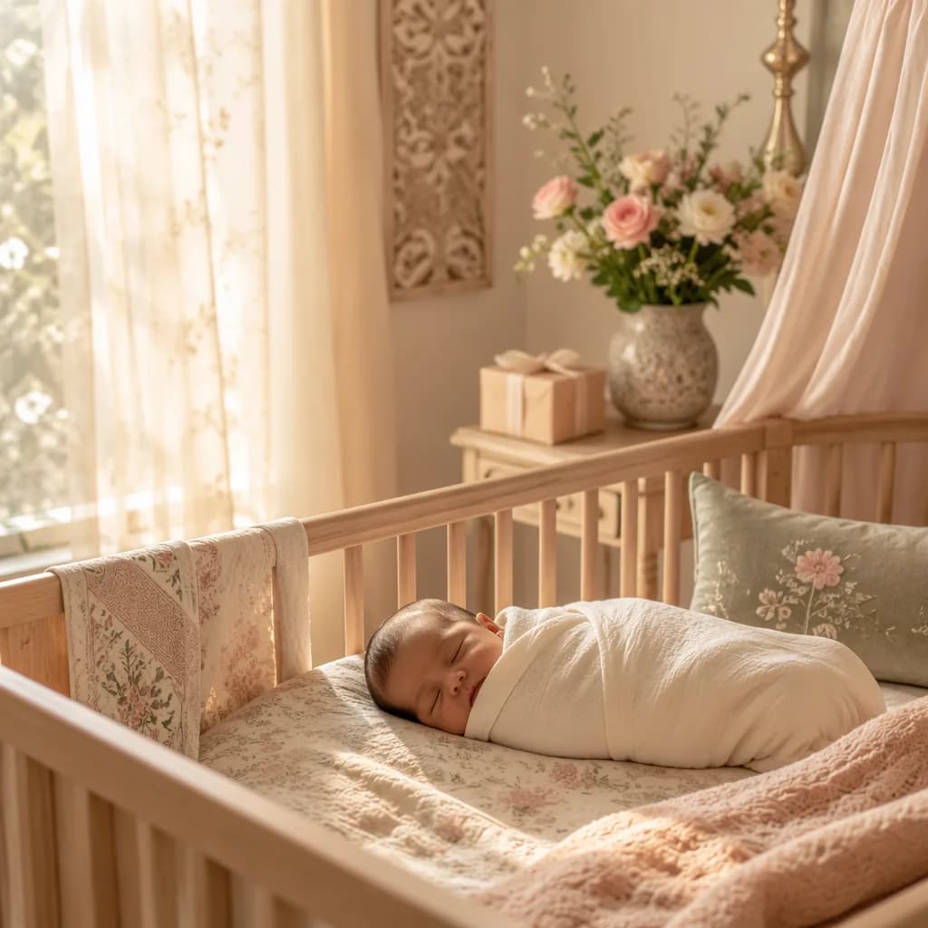 Peaceful newborn in a soft pastel nursery with flowers and a small gift.