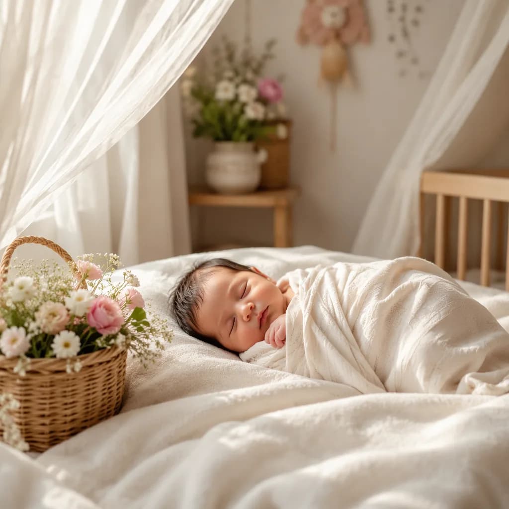 A peaceful newborn in a soft pastel nursery with sheer curtains stirred by a gentle breeze.