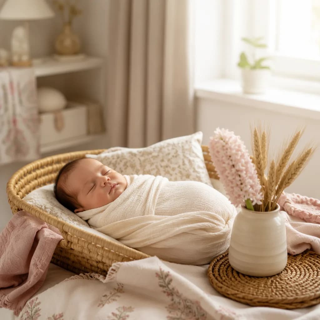 Sleeping swaddled baby in a warm pastel nursery with hyacinth flowers and soft natural light.