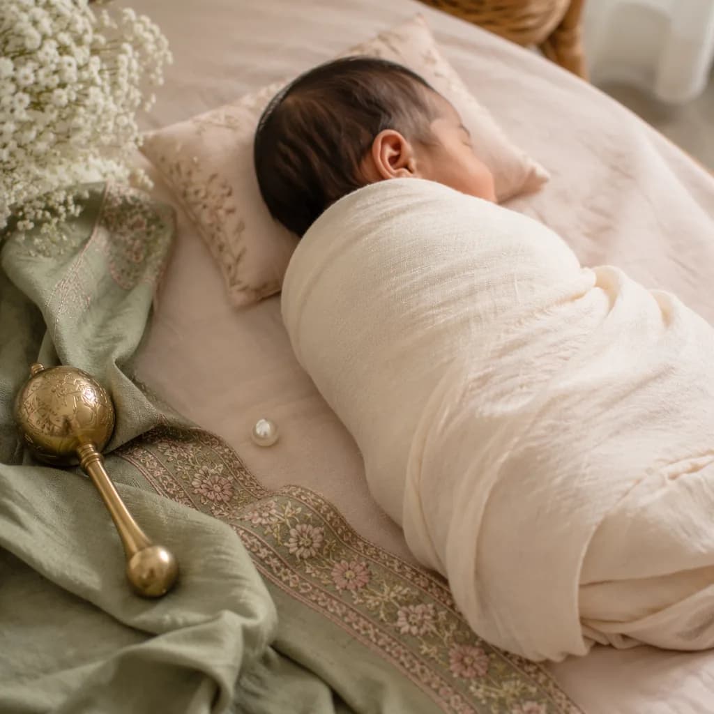 A softly lit nursery scene with a swaddled sleeping baby and delicate South Asian-inspired keepsakes.