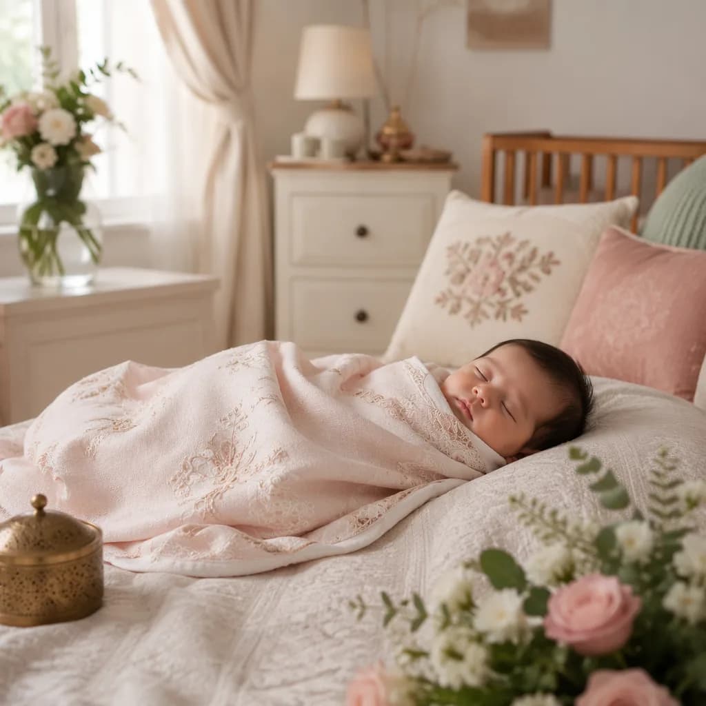 A peaceful swaddled baby in a soft pastel nursery with warm South Asian-inspired decor.