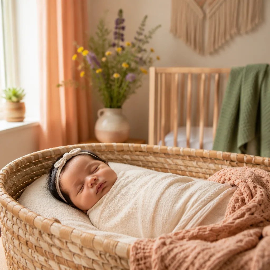 Sleeping newborn in a warm pastel nursery with woven textiles and wildflowers.