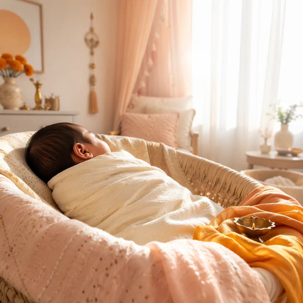 A softly swaddled newborn in a warm pastel nursery with gentle sunlight and subtle Indian-inspired details.
