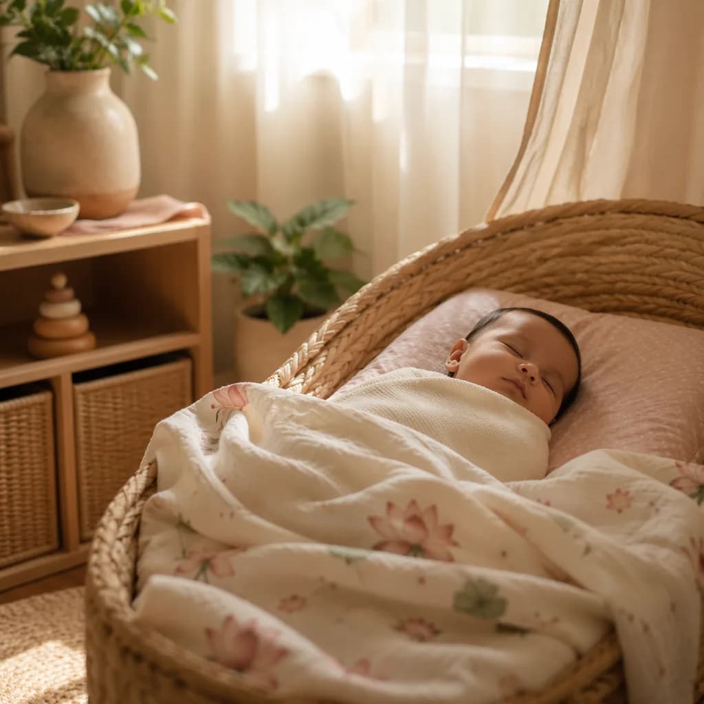 A peacefully sleeping baby in a soft pastel nursery lit by warm morning sunlight.