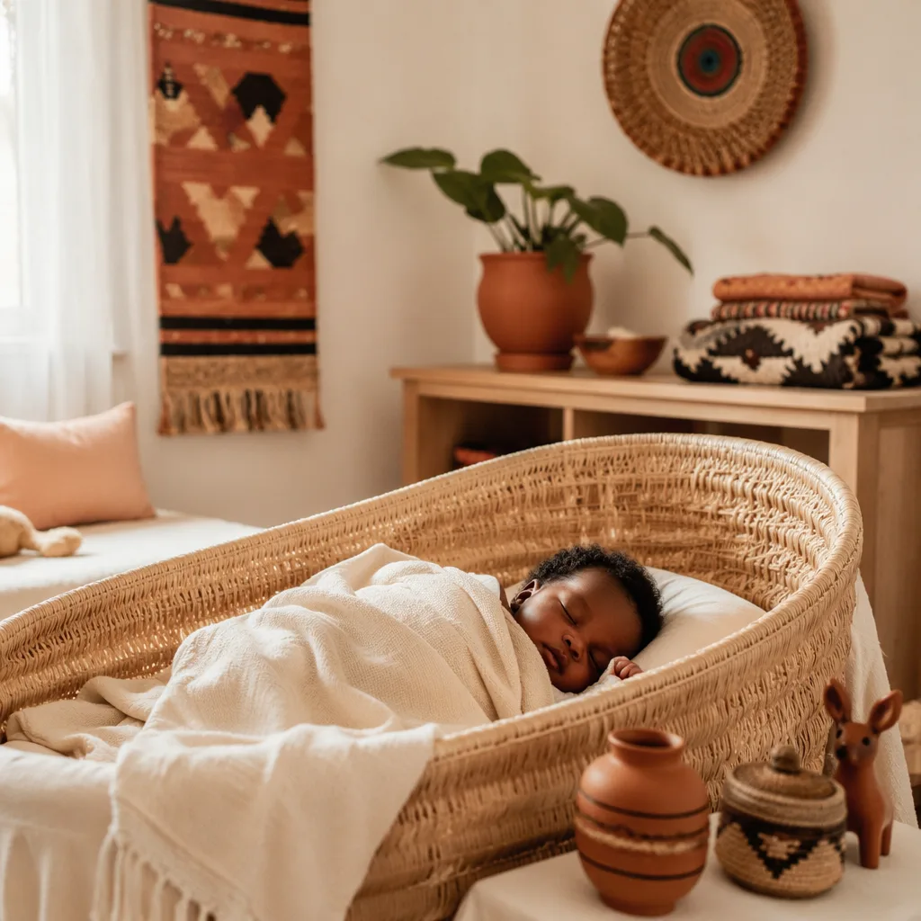 Sleeping baby in a cozy pastel nursery with subtle Igbo-inspired woven decor.