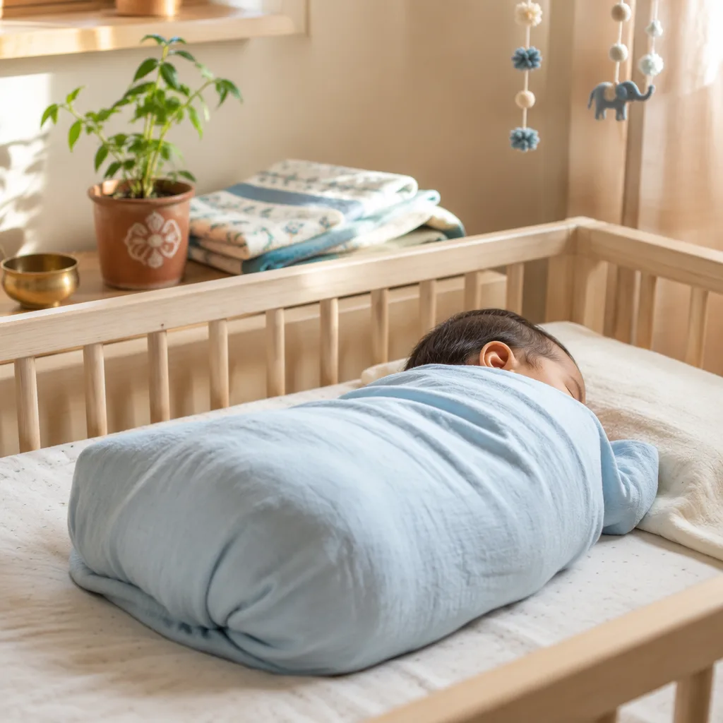 Sleeping baby in a soft blue nursery with gentle Indian-inspired details.