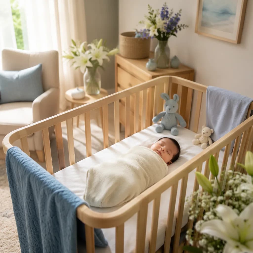 A peaceful baby sleeping in a soft blue and ivory nursery with gentle morning light.