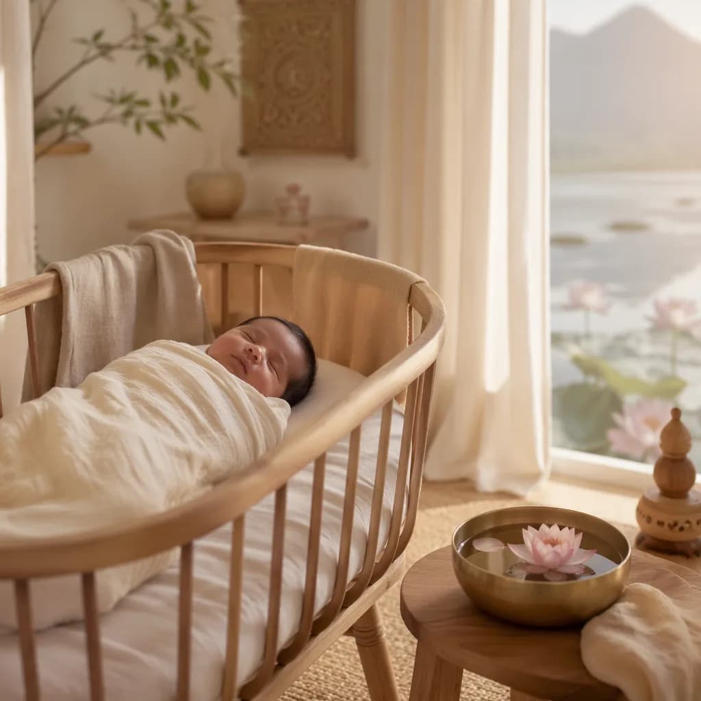 Sleeping newborn in a cozy pastel nursery with a lotus in water nearby.