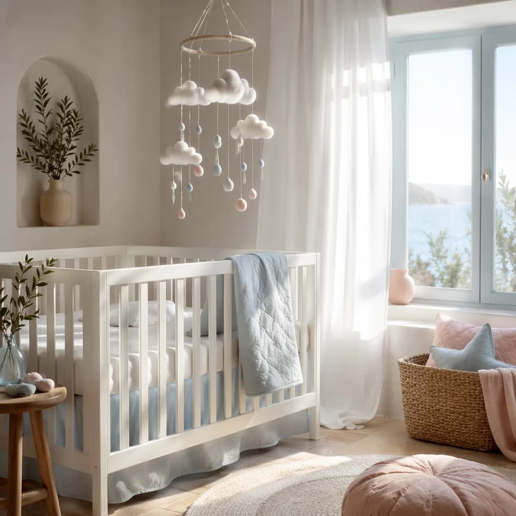 Soft Greek-inspired nursery with cloud mobile and pastel details for the name Nefeli
