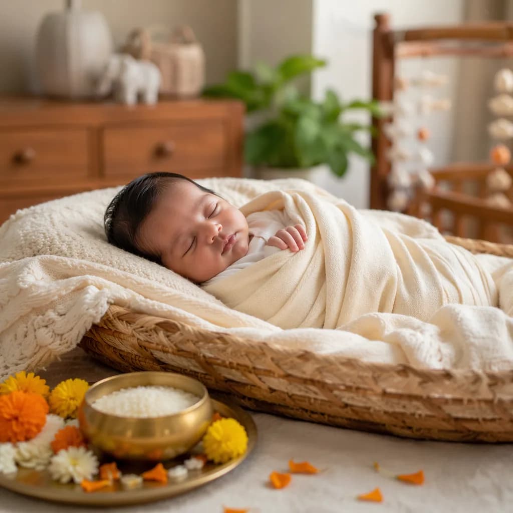 Peaceful newborn in a soft nursery with auspicious rice and marigold details.